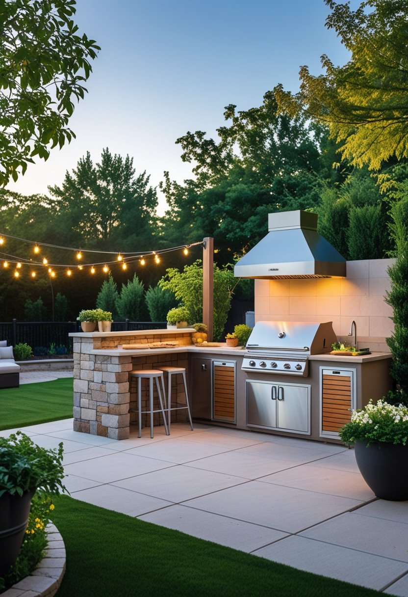 An outdoor kitchen setup with a grill, countertops, seating, and greenery in a backyard.