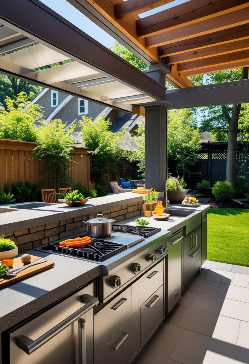 An outdoor kitchen with stainless steel appliances, stone countertops, and weather-resistant cabinets in a sunny backyard with greenery.