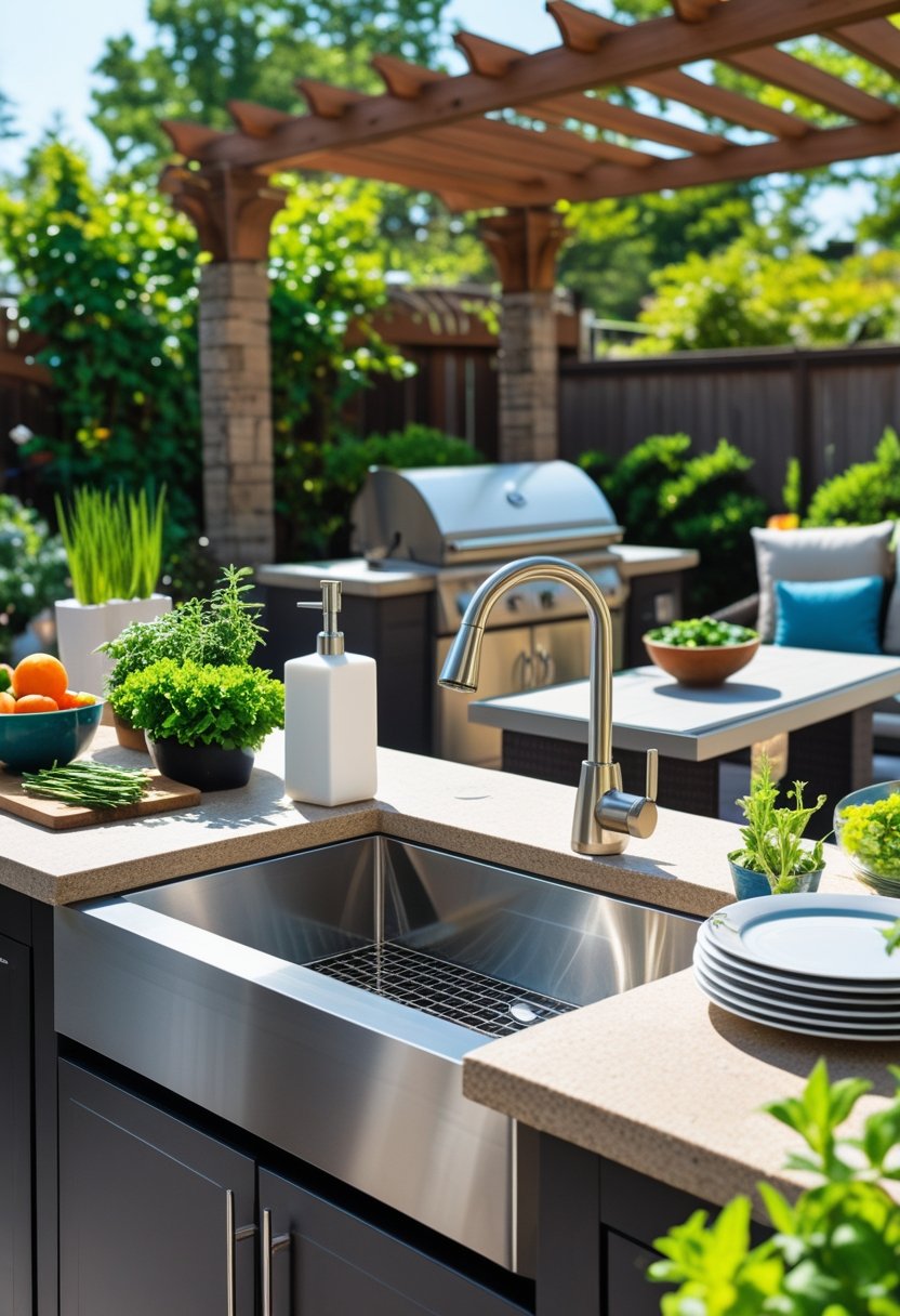 Outdoor kitchen with a stainless steel sink, stone countertop, faucet, and kitchen accessories surrounded by plants and a barbecue grill.
