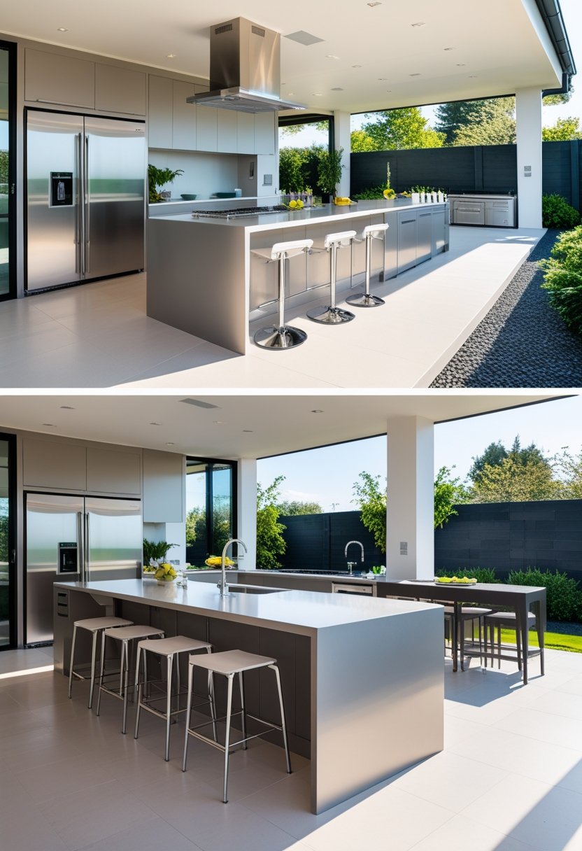 A modern kitchen with a stainless steel refrigerator and an island, connected to an outdoor patio with multiple outdoor kitchen setups.