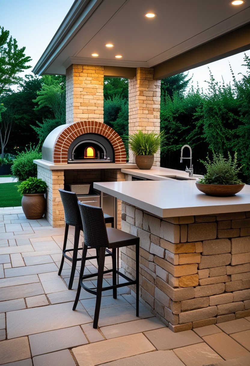 Outdoor kitchen patio with a stone countertop bar and a built-in pizza oven surrounded by plants.