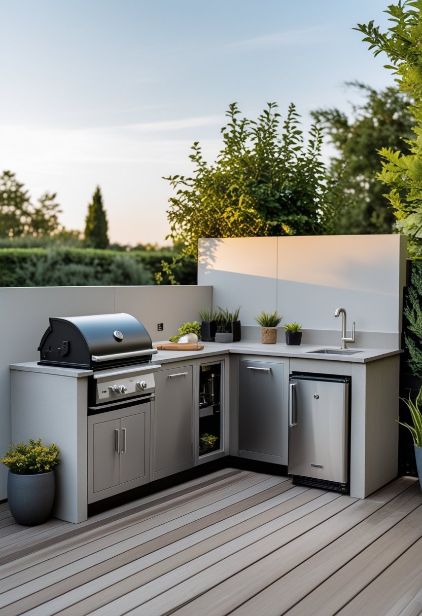 Compact corner outdoor kitchen with modular appliances on a patio surrounded by plants and seating.
