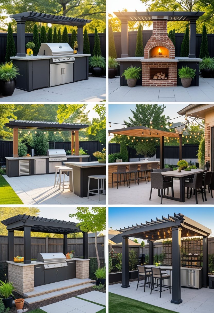 An outdoor patio featuring seven different kitchen and seating areas including a grill, pizza oven, bar, fire pit, dining space, smoker station, and herb garden surrounded by plants.
