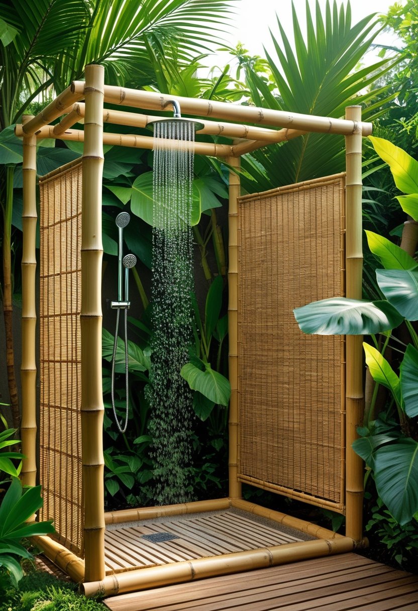An outdoor shower with a bamboo frame and privacy screen surrounded by tropical plants and greenery.