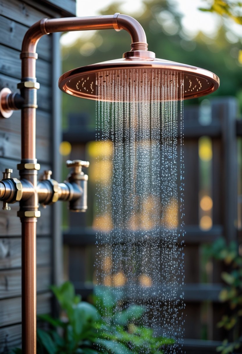 Copper rain showerhead with vintage pipe fixtures installed outdoors surrounded by greenery.