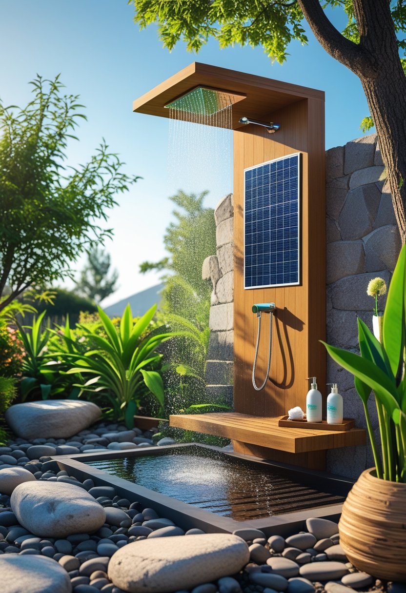An outdoor solar-heated shower surrounded by greenery and natural materials like wood and stone.