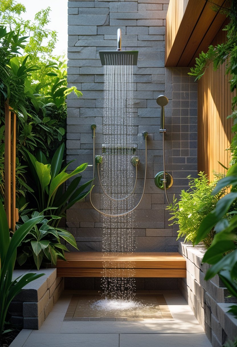 An outdoor shower area with a built-in bench and towel hooks surrounded by plants.
