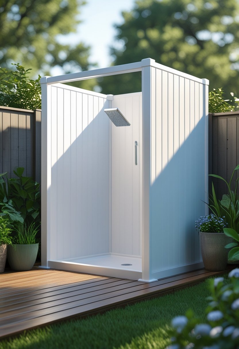 A white vinyl outdoor shower enclosure standing on a wooden deck in a green backyard with trees and blue sky in the background.