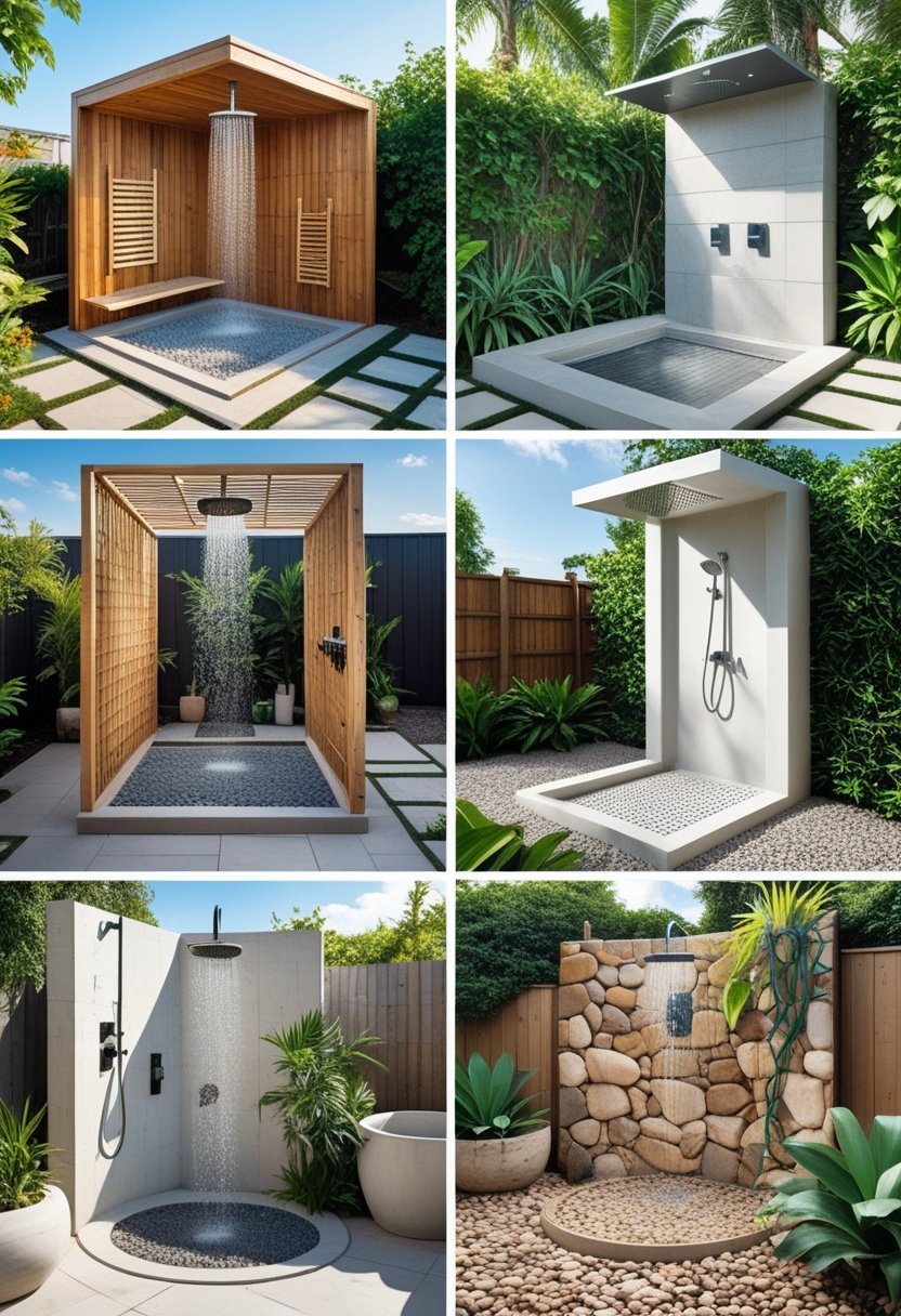 Seven different outdoor showers arranged in a garden with various natural and modern designs surrounded by plants and clear skies.