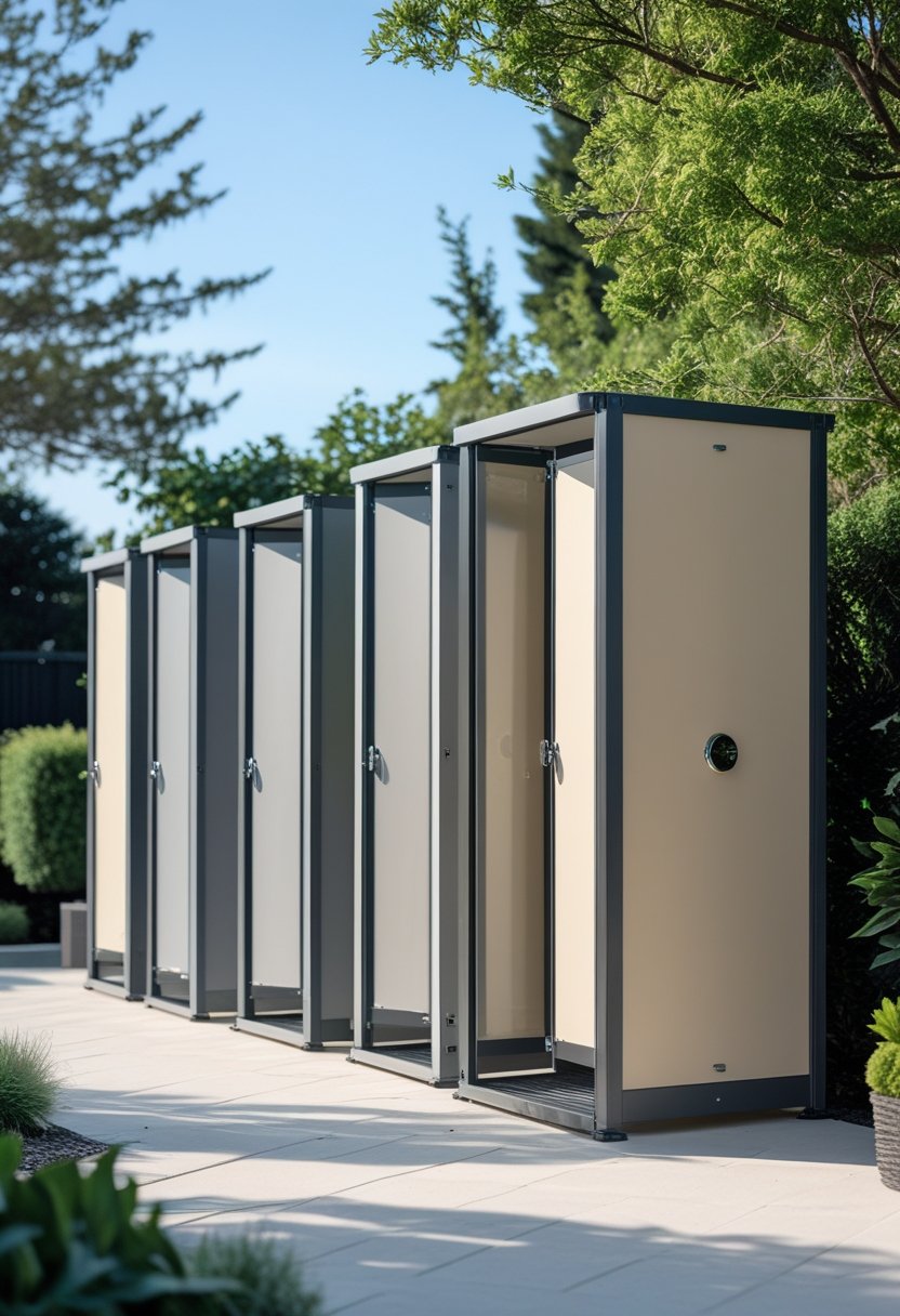 Seven modular outdoor shower enclosures arranged outdoors on a paved area surrounded by greenery and trees under a clear sky.