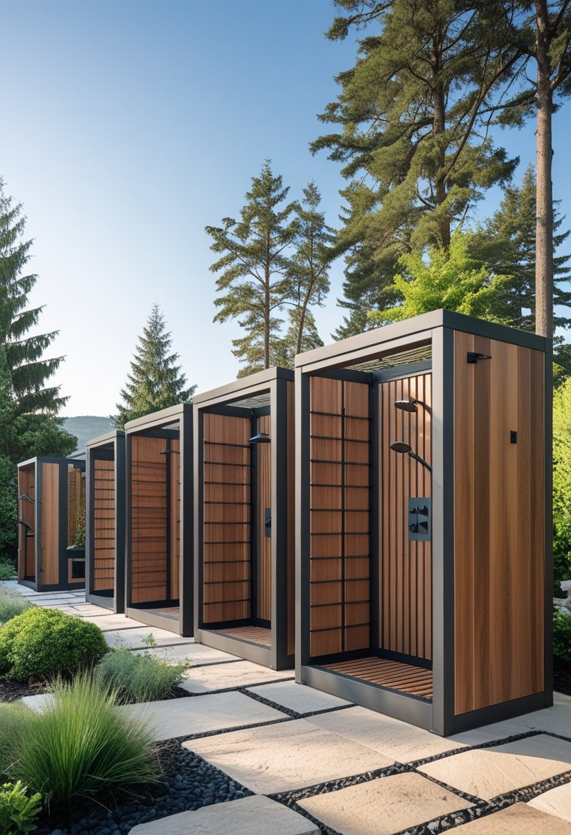 Seven custom outdoor shower enclosures set in a natural outdoor environment with greenery and trees.