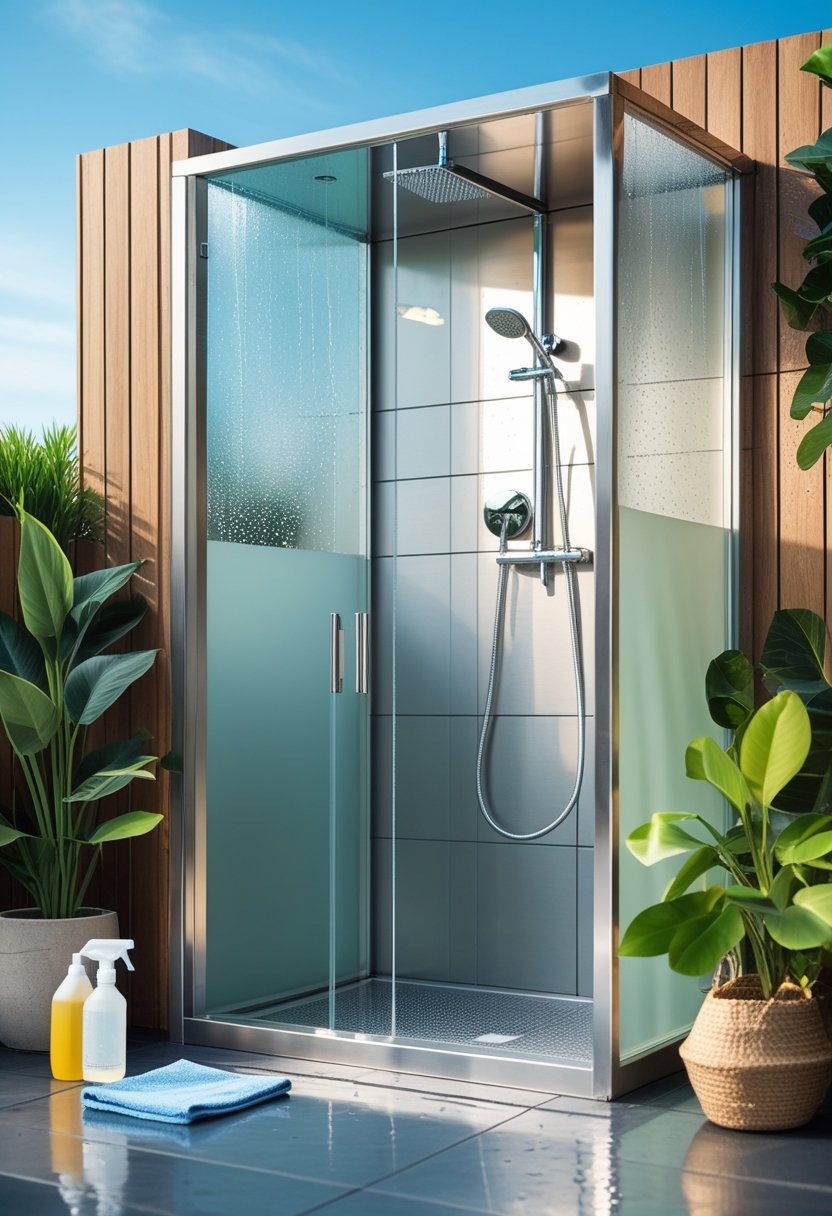 An outdoor shower enclosure with cleaning tools nearby, surrounded by plants and natural light.