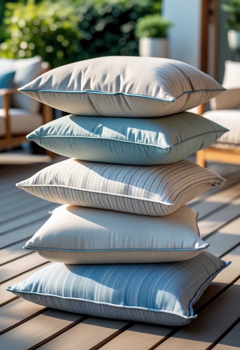 Patio Furniture Cushions for Ultimate Comfort and Style 1 Eight patio furniture cushions arranged outdoors on a wooden deck with greenery in the background.
