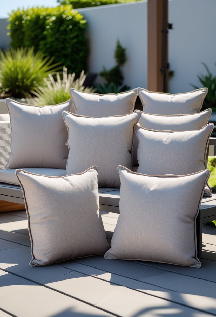 Patio Furniture Cushions for Ultimate Comfort and Style 2 Eight outdoor patio cushions arranged on patio furniture in a sunny backyard with greenery.