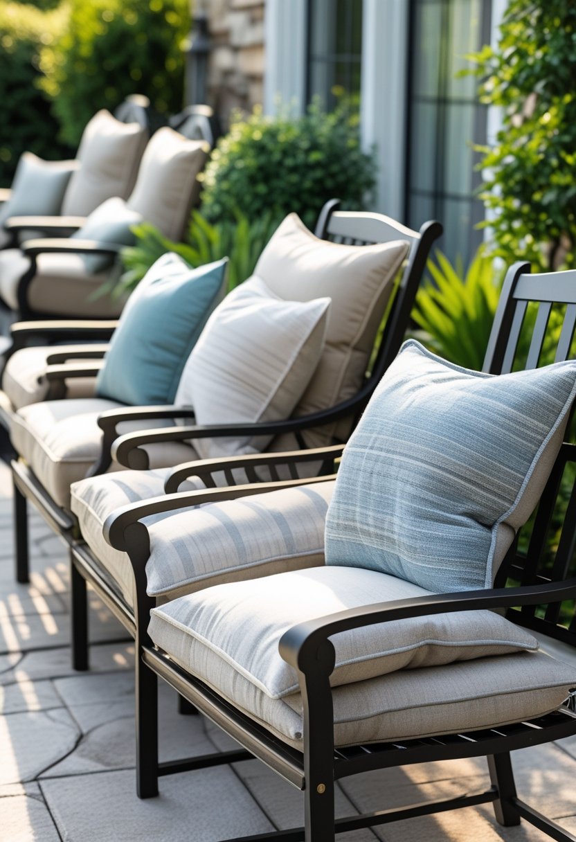 Patio Furniture Cushions for Ultimate Comfort and Style 3 Eight patio furniture cushions arranged on outdoor chairs in a garden setting.