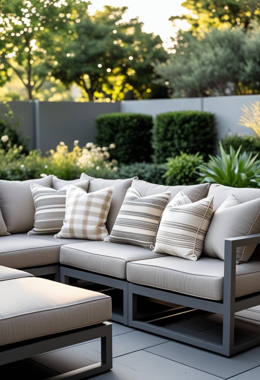 Patio Furniture Cushions for Ultimate Comfort and Style 4 Eight outdoor patio cushions and pillows arranged on a modern patio sofa surrounded by greenery.