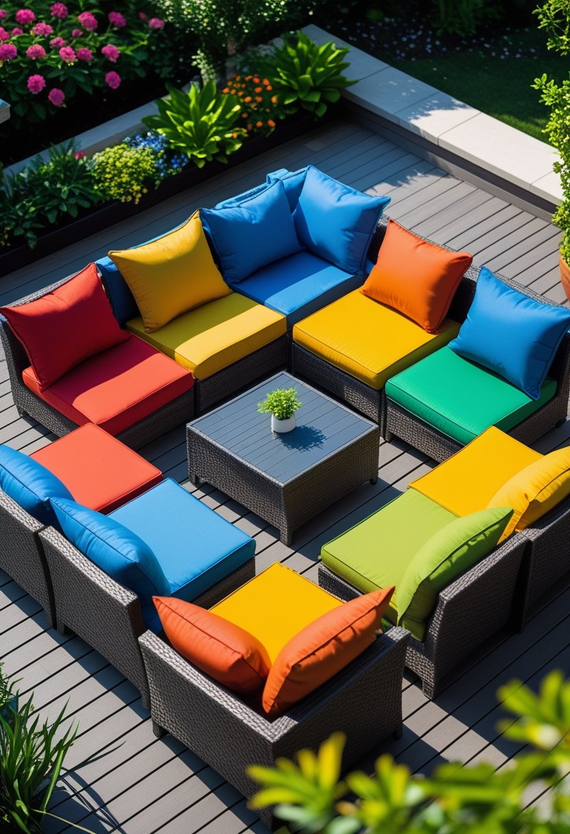 Patio Furniture Cushions for Ultimate Comfort and Style 5 Eight colorful patio cushions arranged on outdoor furniture on a wooden deck surrounded by plants.