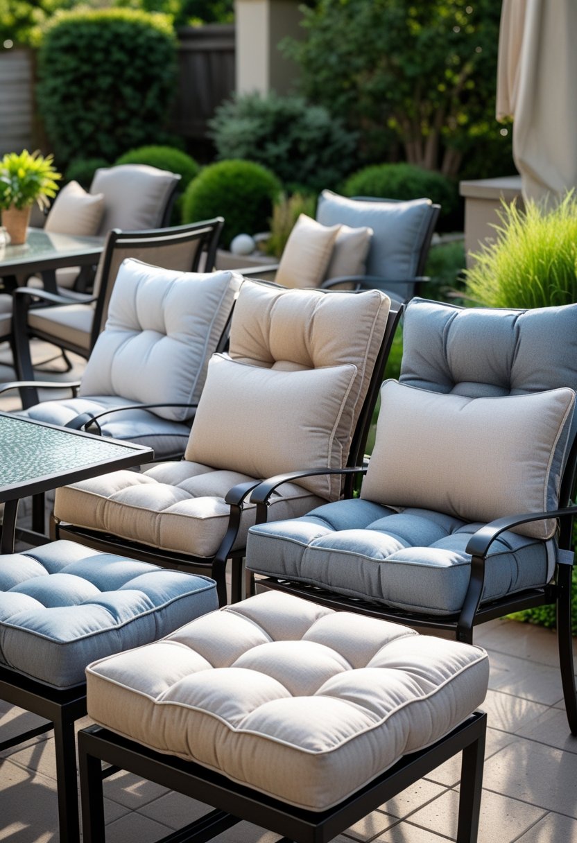 Patio Furniture Cushions for Ultimate Comfort and Style 6 Eight patio chair cushions arranged on outdoor chairs around a glass table in a garden setting.