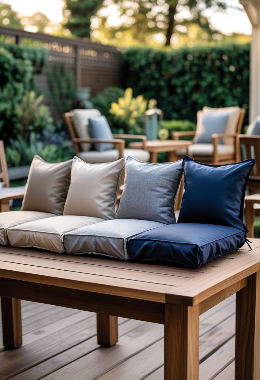Patio Furniture Cushions for Ultimate Comfort and Style 7 Eight waterproof outdoor cushion slipcovers arranged on a wooden patio table with garden greenery in the background.