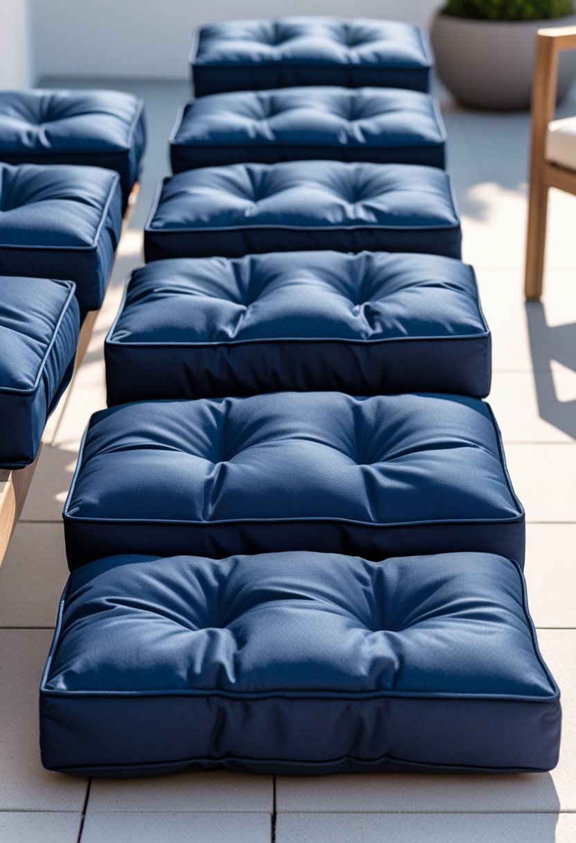 Patio Furniture Cushions for Ultimate Comfort and Style 8 Eight navy blue deep seat patio cushions arranged on outdoor patio furniture in a bright, clean setting.