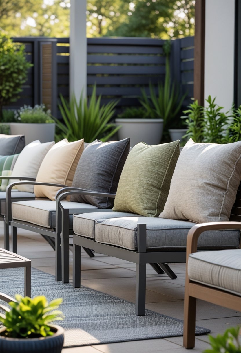 Patio Furniture Cushions for Ultimate Comfort and Style 9 Eight patio cushions arranged on outdoor furniture in a backyard setting with plants and natural light.