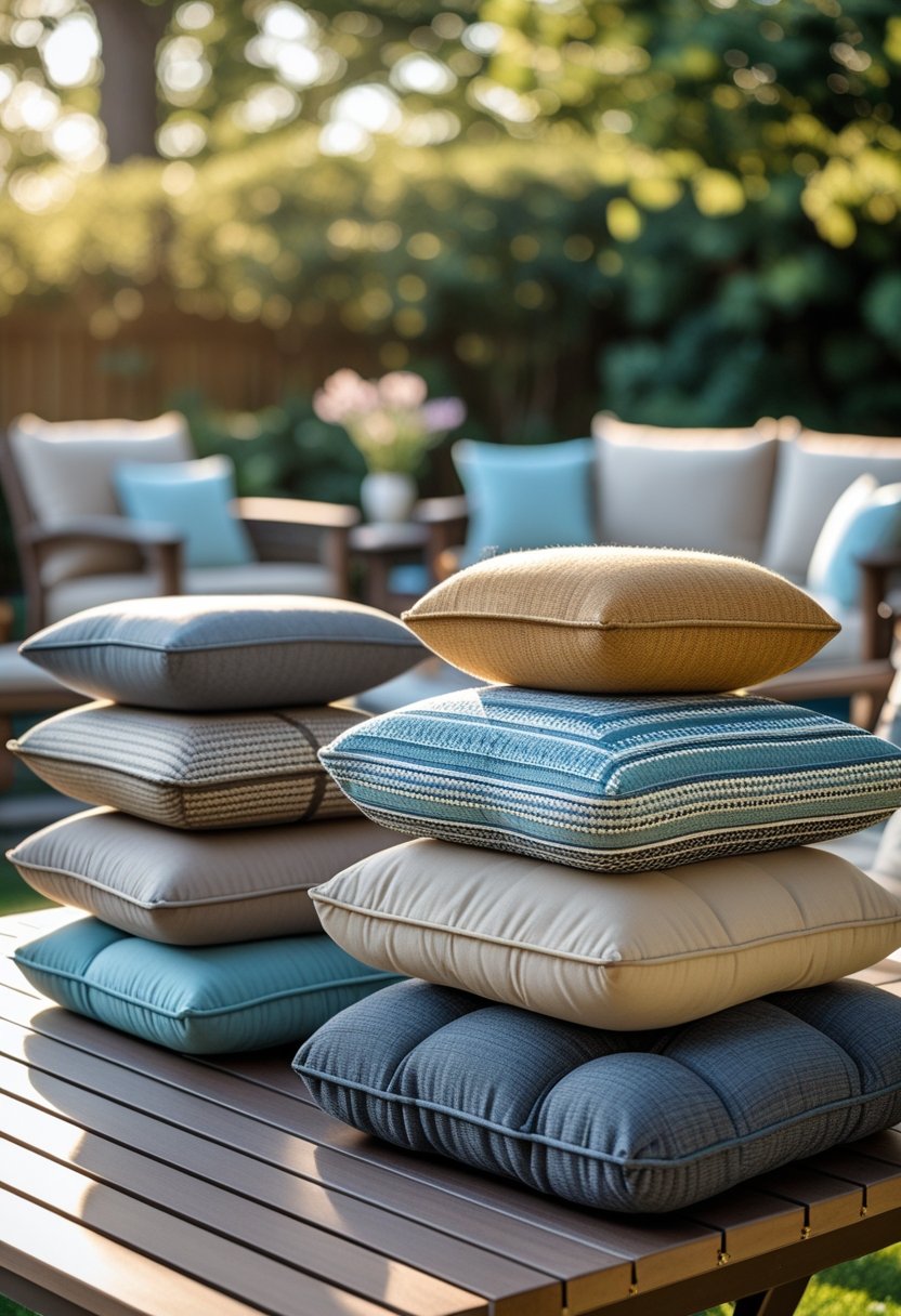 Patio Furniture Cushions for Ultimate Comfort and Style 10 Eight patio furniture cushions arranged on a wooden outdoor table in a backyard patio setting.