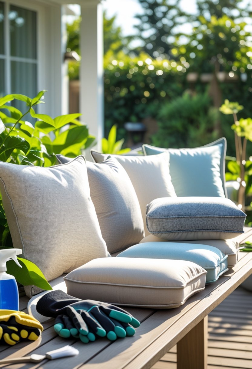 Patio Furniture Cushions for Ultimate Comfort and Style 11 Eight clean patio furniture cushions arranged on a wooden outdoor table with gardening tools nearby in a sunny backyard.