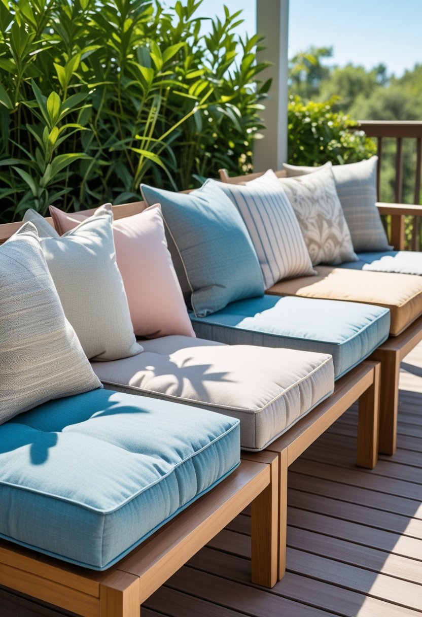 Patio Furniture Cushions for Ultimate Comfort and Style 12 Outdoor patio with eight colorful cushions arranged on wooden bench and chairs surrounded by plants.