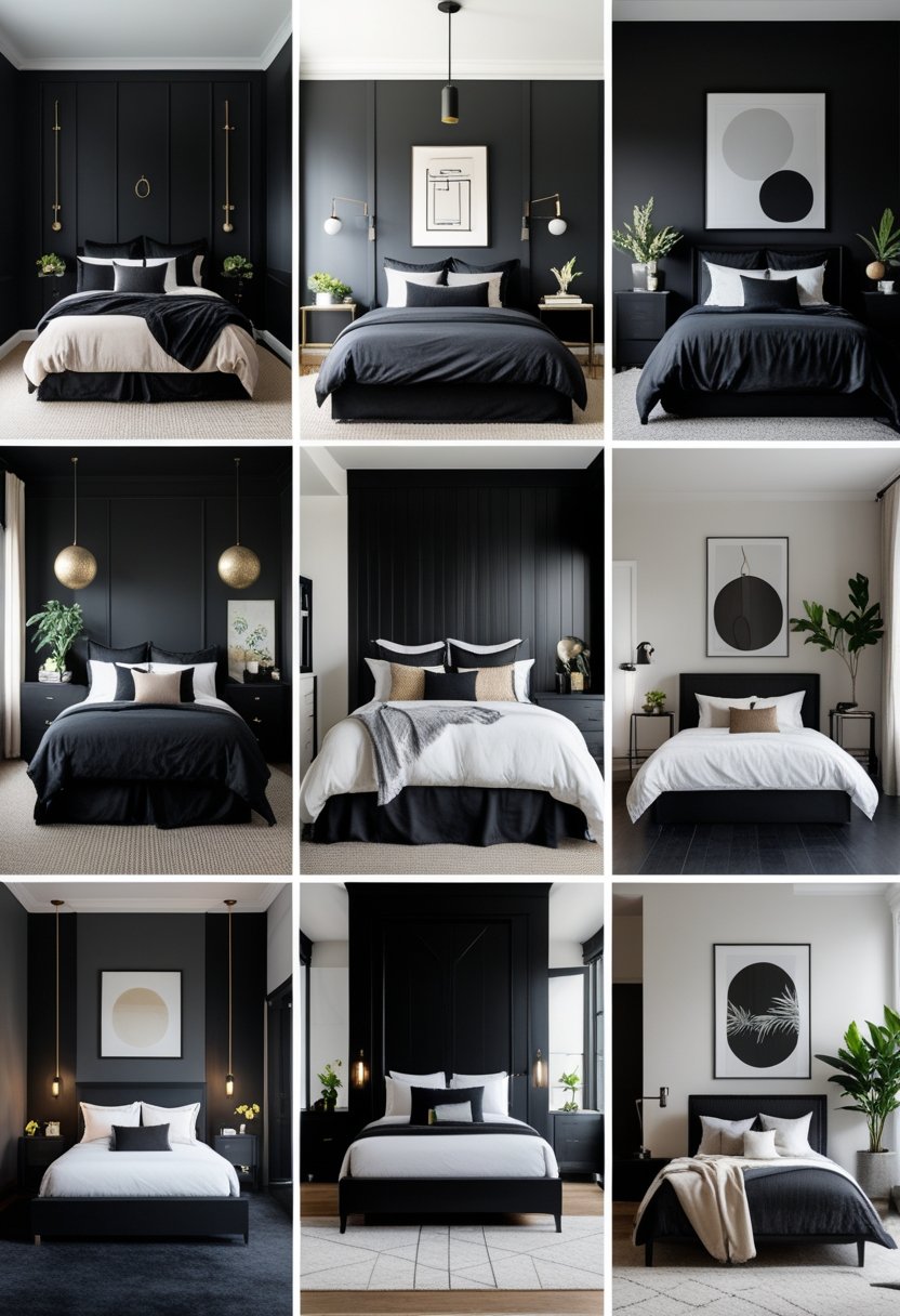 8 Black Bedroom Ideas for Stylish and Modern Home Decor 1 A collage of eight bedrooms featuring black walls, black furniture, and stylish decor with soft lighting.