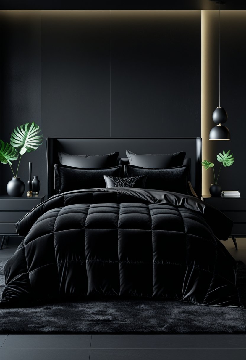8 Black Bedroom Ideas for Stylish and Modern Home Decor 3 A bedroom with a large bed dressed in black velvet bedding, black furniture, and soft lighting creating a cozy atmosphere.