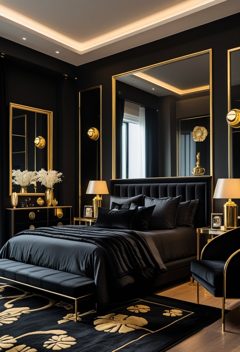 8 Black Bedroom Ideas for Stylish and Modern Home Decor 4 A black bedroom with a bed, bedside lamps, decorative items, and a mirror featuring gold and brass accents.
