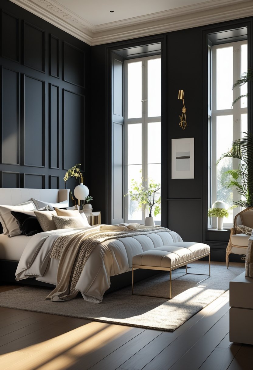 8 Black Bedroom Ideas for Stylish and Modern Home Decor 5 A bedroom with black walls lit by natural light coming through large windows, featuring neutral-toned furniture and cozy decor.