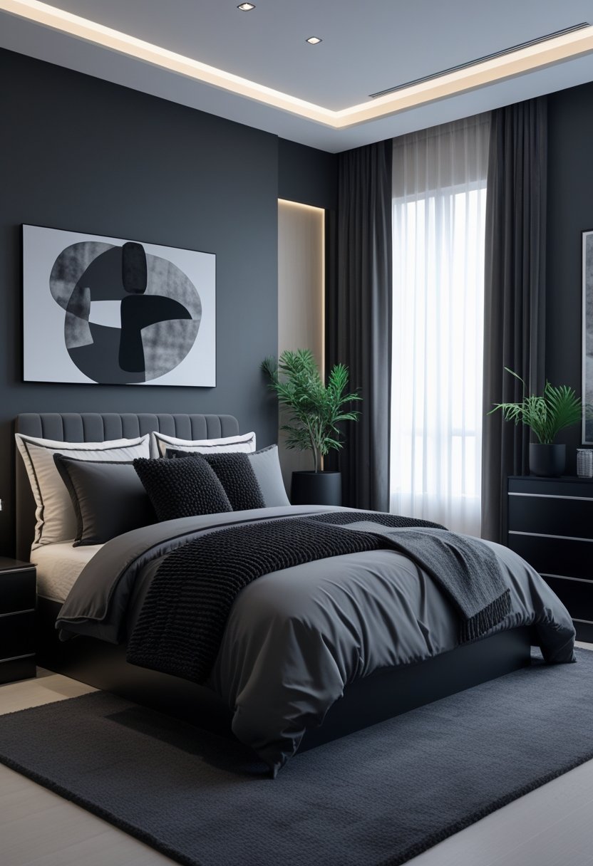 8 Black Bedroom Ideas for Stylish and Modern Home Decor 6 A bedroom with a large bed, dark gray bedding, black furniture, gray walls, and soft natural light coming through a window.
