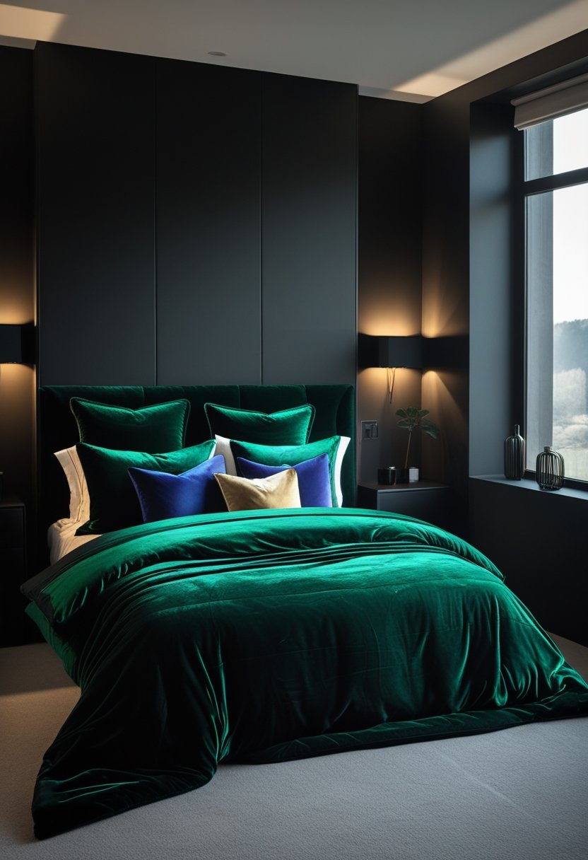 7 Black Bedroom Walls Ideas to Elevate Your Space with Bold Elegance 4 A bedroom with black walls and a bed covered in jewel-toned velvet bedding in green, blue, and purple colors.