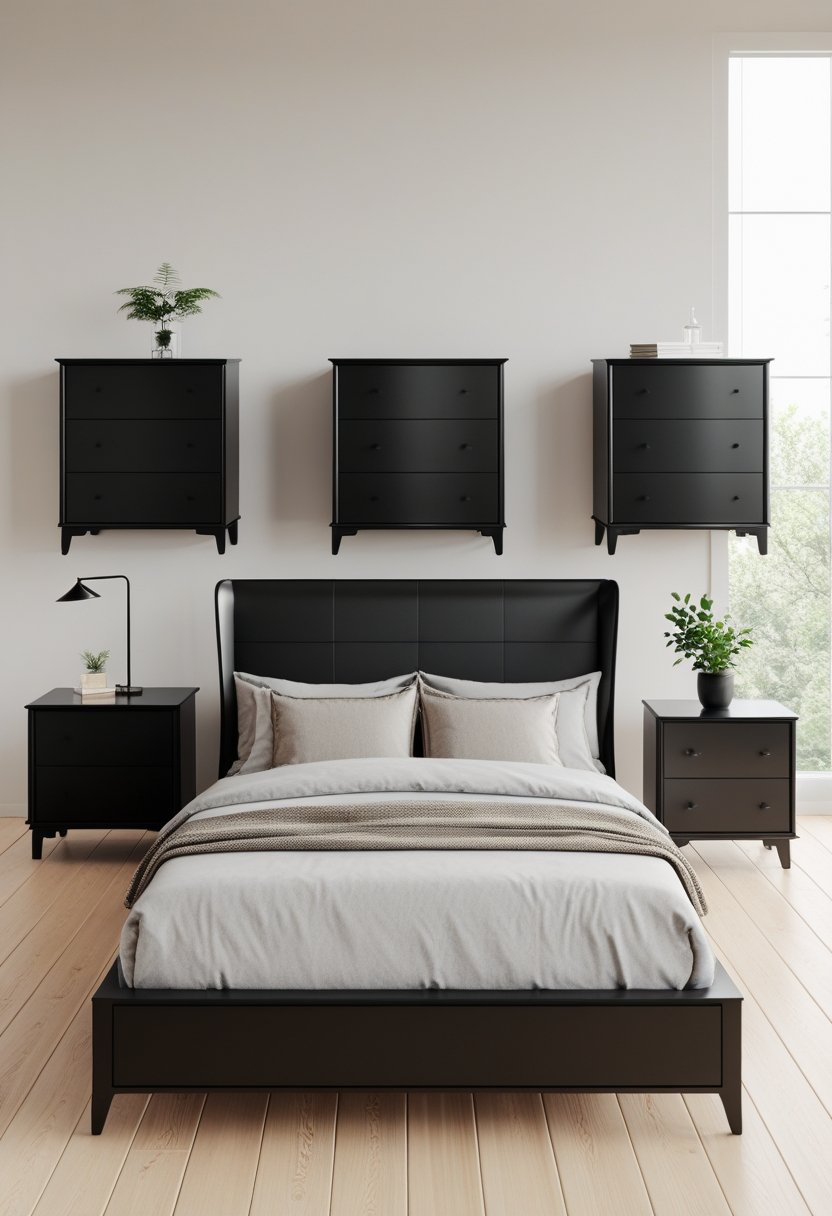 8 Black Bedroom Ideas for Stylish and Modern Home Decor 8 A bedroom with black furniture including a bed and nightstands, set on light wood flooring with natural light coming through windows.
