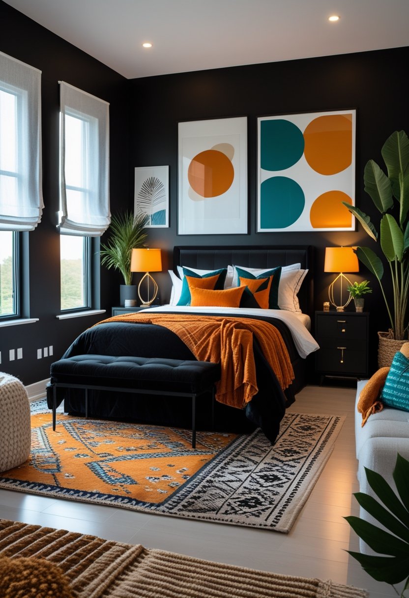 8 Black Bedroom Ideas for Stylish and Modern Home Decor 11 A black bedroom with a bed, nightstands, lamps, and colorful accents creating a balanced and inviting atmosphere.