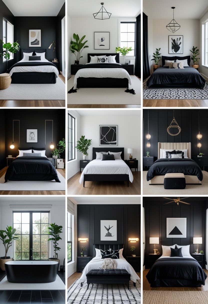 8 Black Bedroom Ideas for Stylish and Modern Home Decor 12 Eight different bedrooms featuring black walls, furniture, and decor, each with unique layouts and lighting.