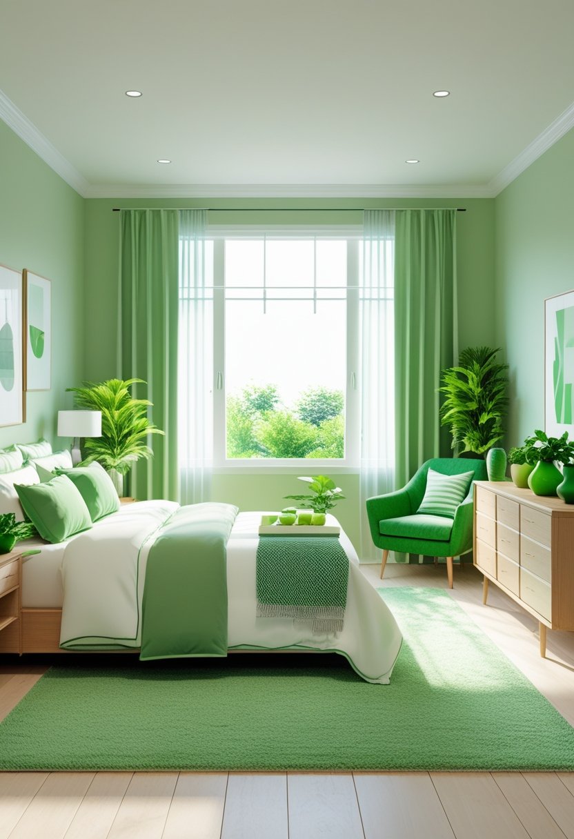 10 Green Bedroom Ideas for a Fresh and Sustainable Space 1 A bedroom with green walls, a bed with green and white bedding, plants on nightstands, and natural light coming through windows.