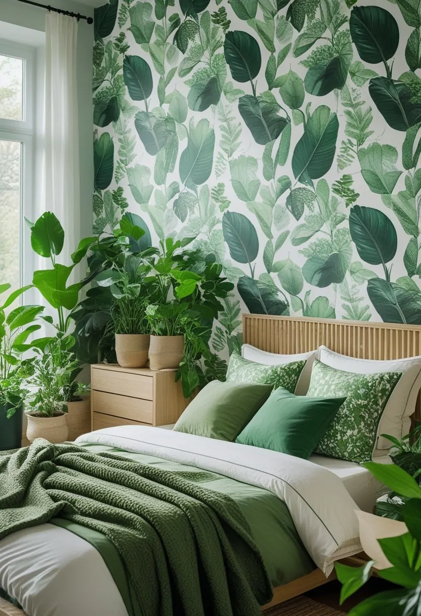 10 Green Bedroom Ideas for a Fresh and Sustainable Space 3 A bedroom with leafy botanical wallpaper, green bedding, wooden furniture, and potted plants, illuminated by natural light.