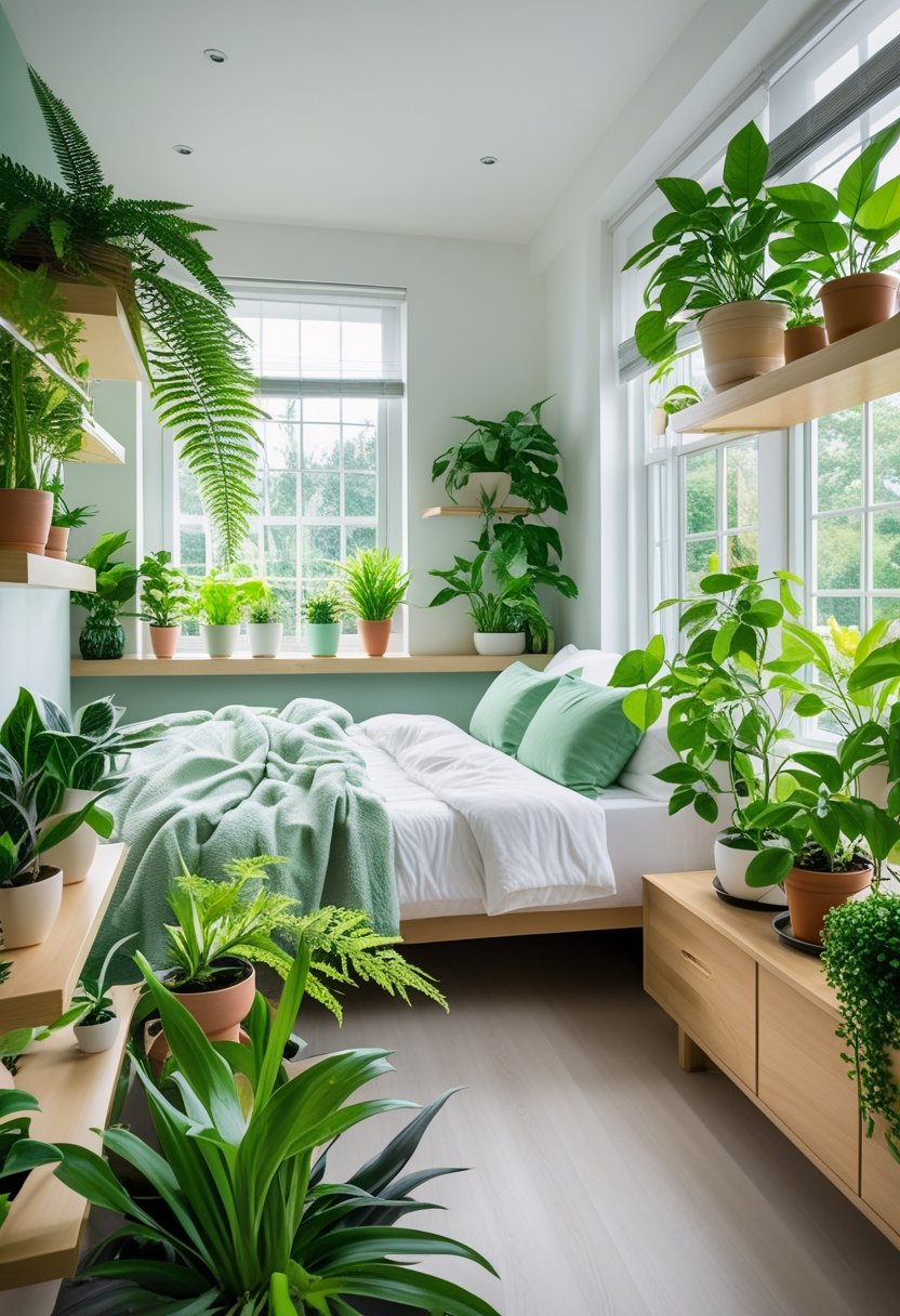 10 Green Bedroom Ideas for a Fresh and Sustainable Space 4 A bright bedroom with a bed and various green potted plants placed around the room, including on shelves and near windows.