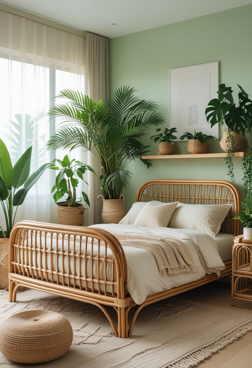 10 Green Bedroom Ideas for a Fresh and Sustainable Space 6 A bedroom with rattan furniture, green plants, and soft natural light creating a calm and inviting atmosphere.