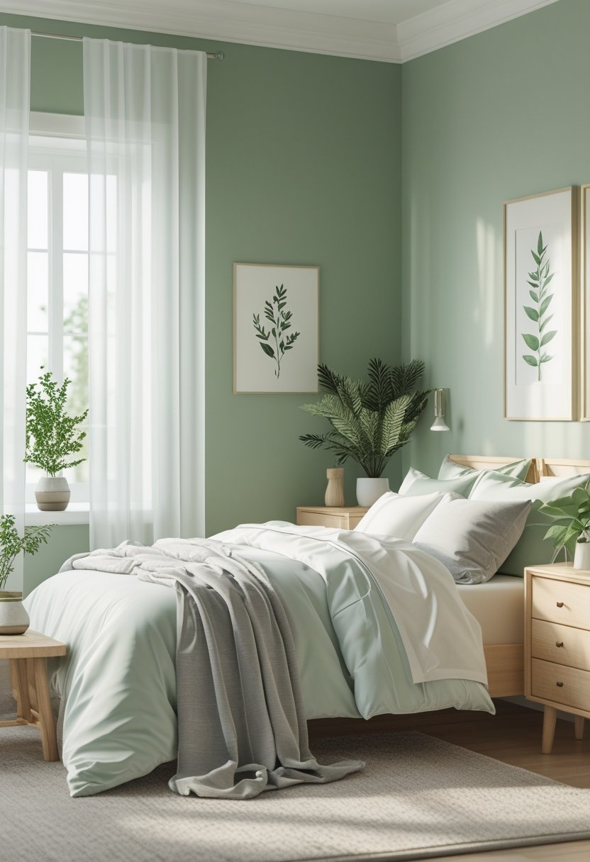 8 Green Bedroom Walls Ideas for a Fresh and Stylish Makeover 2 A bedroom with soft sage green walls, a bed, wooden furniture, plants, and natural light coming through curtains.
