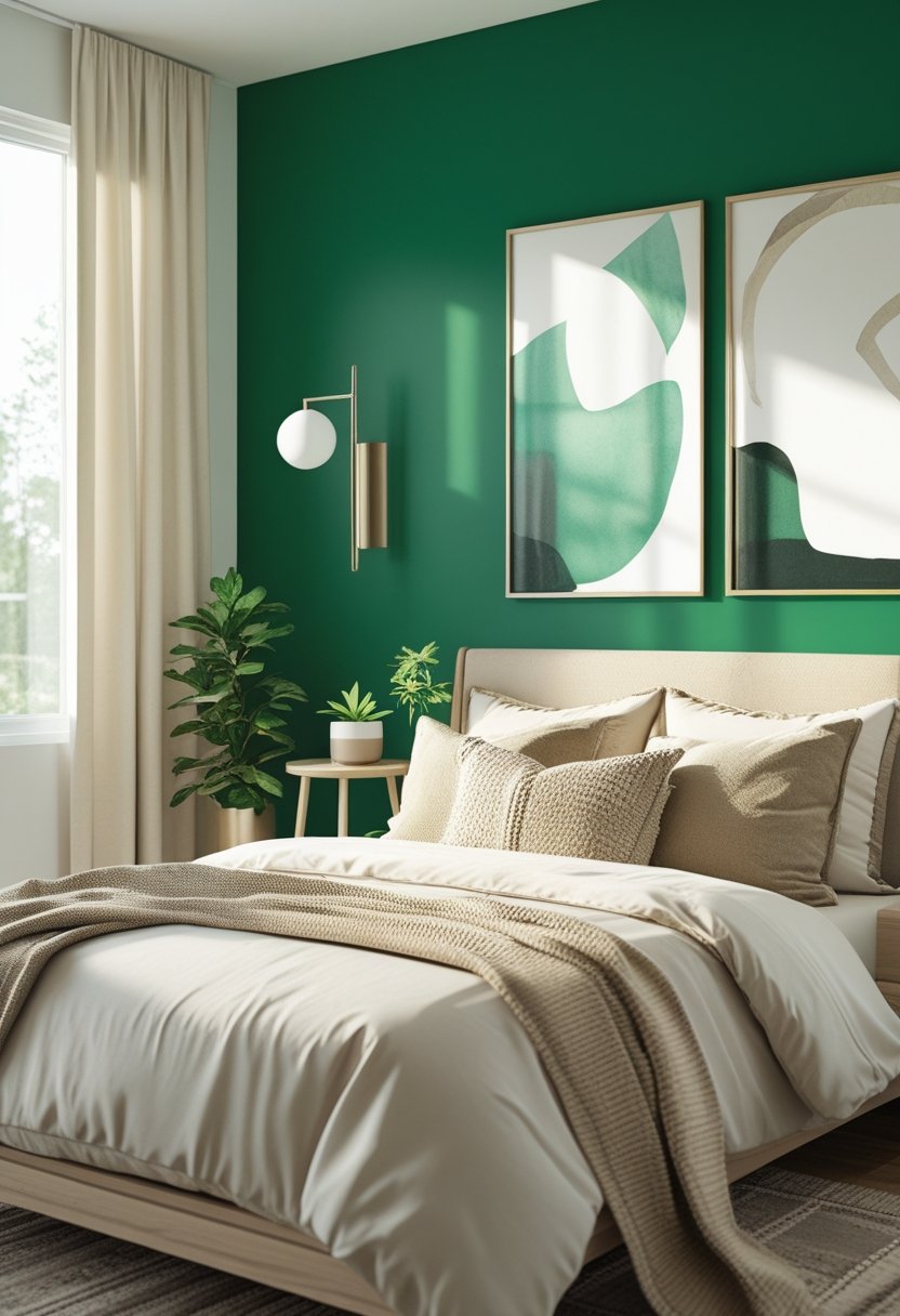 8 Green Bedroom Walls Ideas for a Fresh and Stylish Makeover 3 A bedroom with an emerald green accent wall, beige bedding, light wood furniture, and soft natural light.