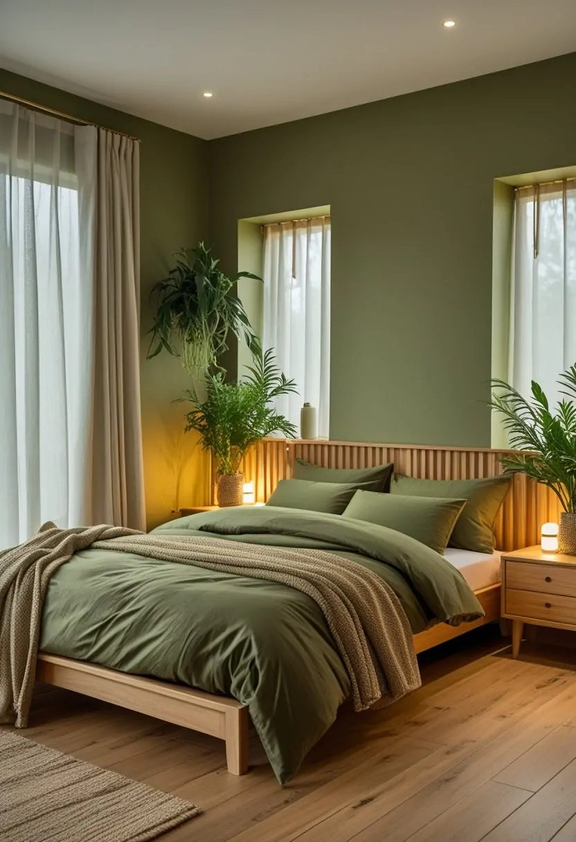 10 Green Bedroom Ideas for a Fresh and Sustainable Space 7 A cozy bedroom with olive green walls, wooden furniture, and plants, softly lit by natural light from windows.