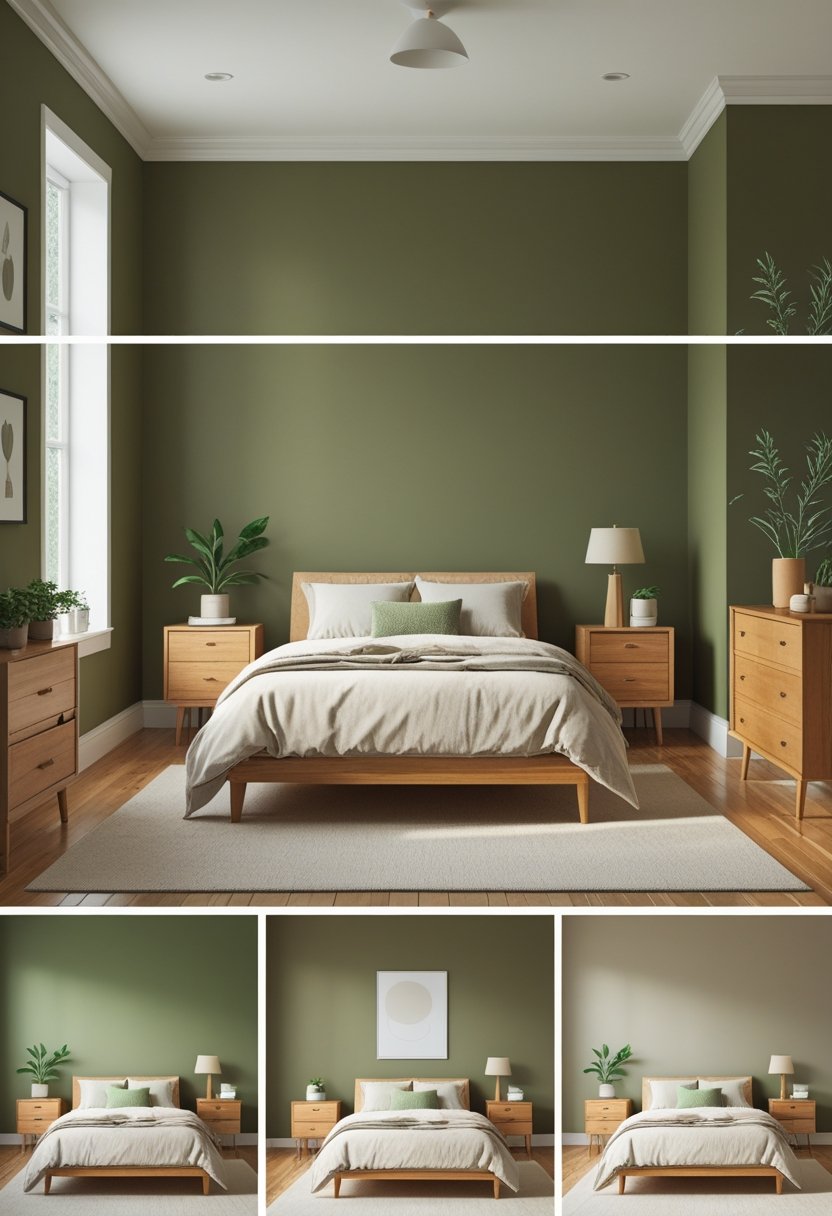 8 Green Bedroom Walls Ideas for a Fresh and Stylish Makeover 4 A bedroom with olive green walls and wooden furniture including a bed, nightstands, and dresser, illuminated by natural light.