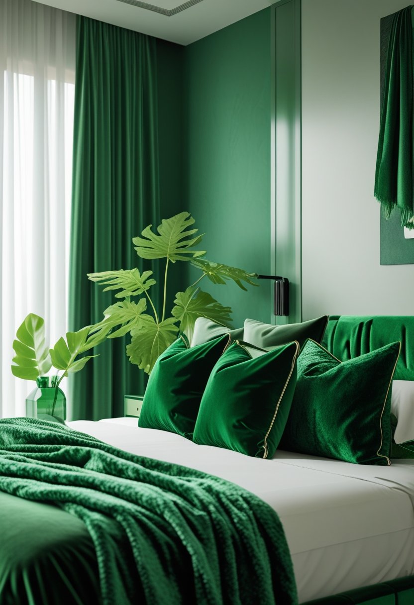 10 Green Bedroom Ideas for a Fresh and Sustainable Space 8 A bedroom with a bed decorated with emerald green velvet cushions and green accents throughout the room.