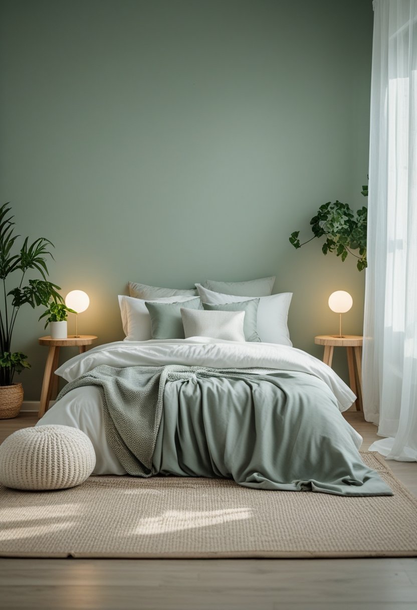 7 Green Bedroom Paint Ideas for a Calm and Refreshing Space 2 A bedroom with sage green walls, a bed with white and gray bedding, wooden nightstands, plants, and soft natural light.