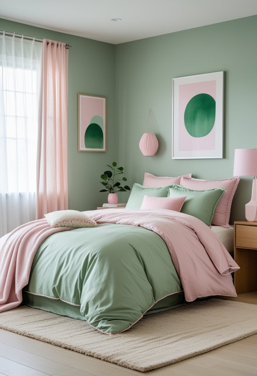 10 Green Bedroom Ideas for a Fresh and Sustainable Space 9 A bedroom with soft green walls and bedding, decorated with pink pillows and accessories, natural light, wooden furniture, and plants.