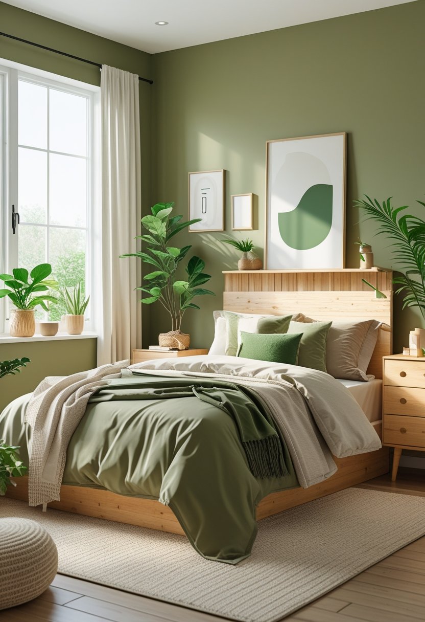 7 Green Bedroom Paint Ideas for a Calm and Refreshing Space 4 A bedroom with olive green walls, wooden furniture, a bed, plants, and natural light coming through the windows.