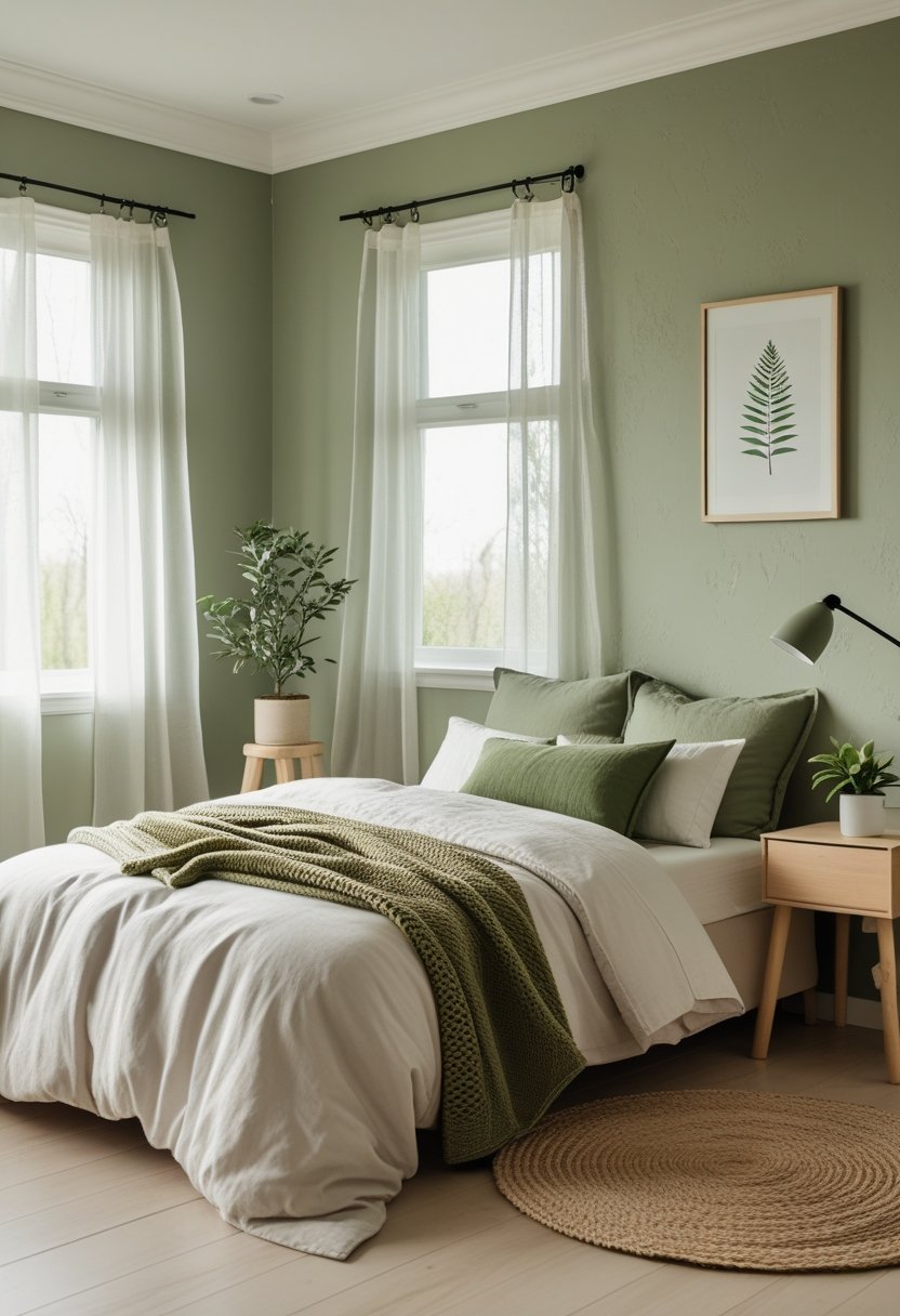 7 Green Bedroom Paint Ideas for a Calm and Refreshing Space 5 A bedroom painted in muted moss green with a made bed, wooden nightstand, potted plant, and natural light coming through a window.